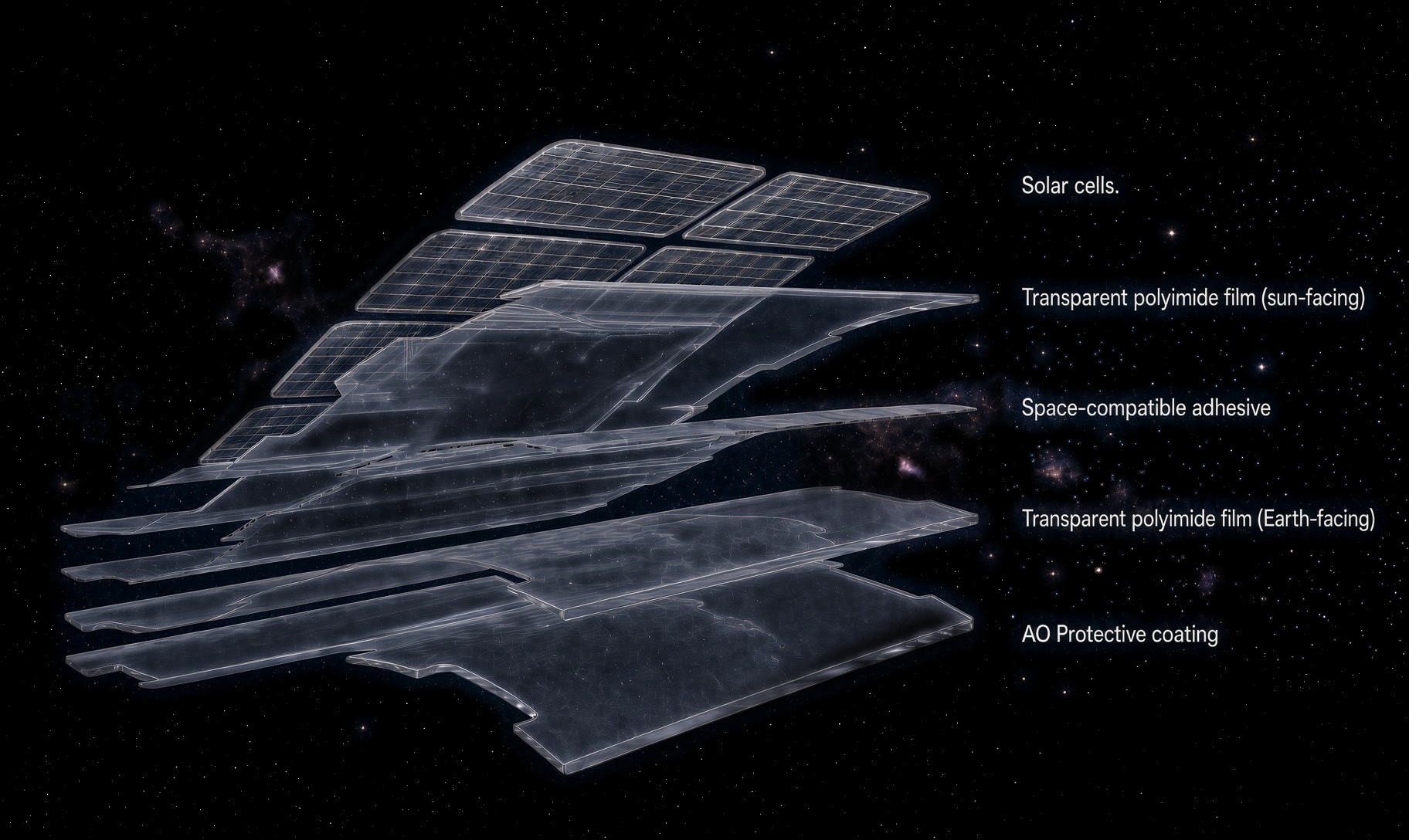 Exploded view of the Bifacia stack: solar cells, sun-facing transparent polyimide film, space-compatible adhesive, Earth-facing transparent polyimide film, and AO protective coating